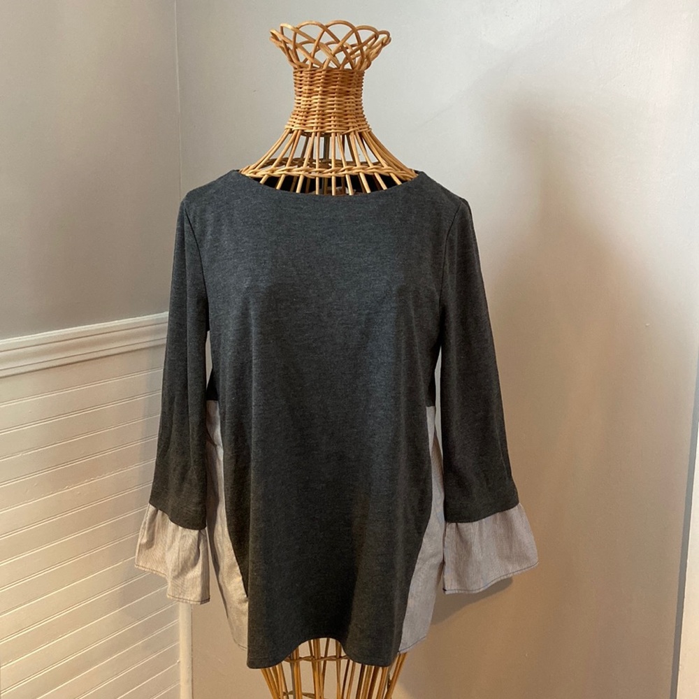 LOFT XS Gray tunic with gray and white pinstripe trim and back panel.